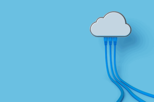 Cloud with 3 cables attached to it and blue background
